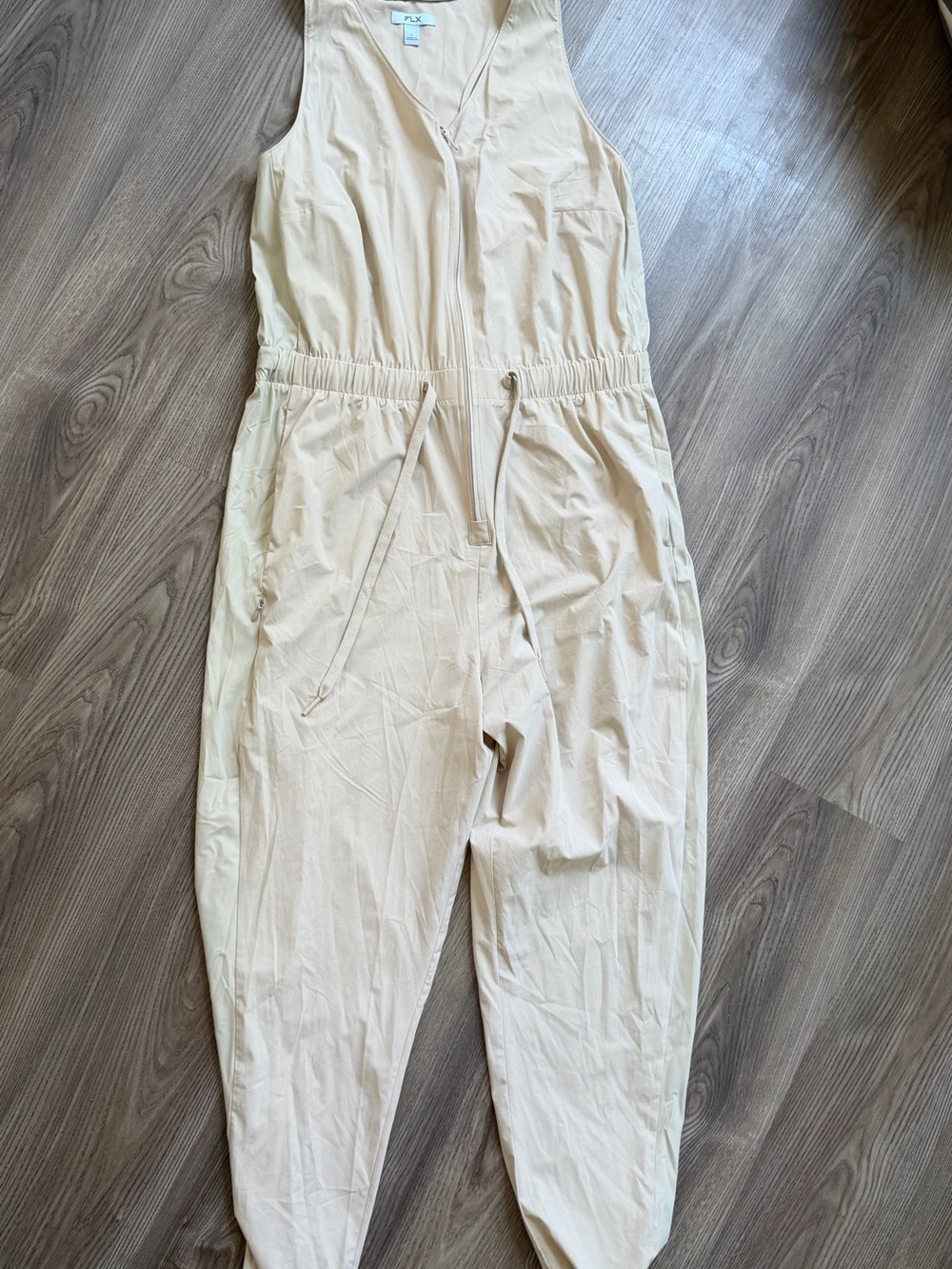 Sleeveless Light Beige Utility Jumpsuit with Drawstring Waist